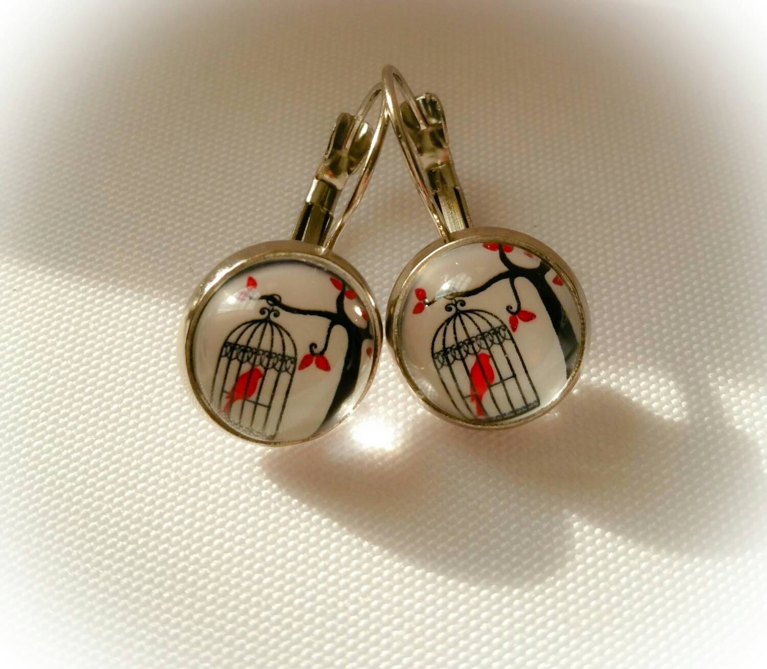 Bird cage Glass Dome Dangle Earrings by byverney on Etsy