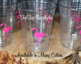 24 flamingo vinyl cups 10 oz. 12 oz. or 16 oz. clear disposable cup. Birthday, flamingo party, beach party theme, party, baby shower. C-217
