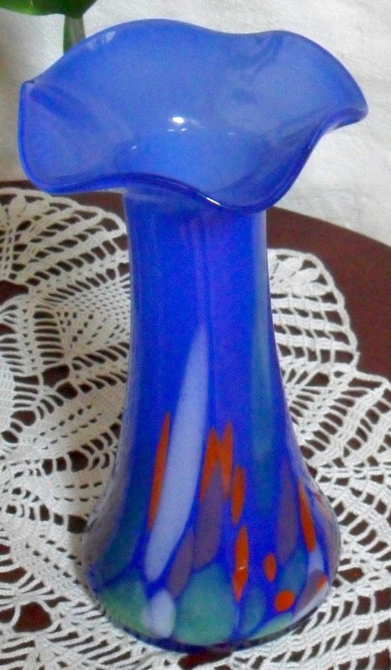 Hand Blown Glass Murano Art Style Vase Blue MultiColor
