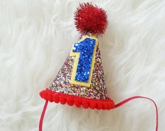 Circus Theme Party Hat || Mini Glittery Birthday Party Hat || Birthday || Cake Smash || 1st Birthday || Baby Birthday || Ready to Ship
