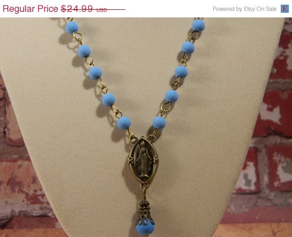Sale 40% Off Necklace Bronze Madonna Pendant and Neon Blue Rubberized