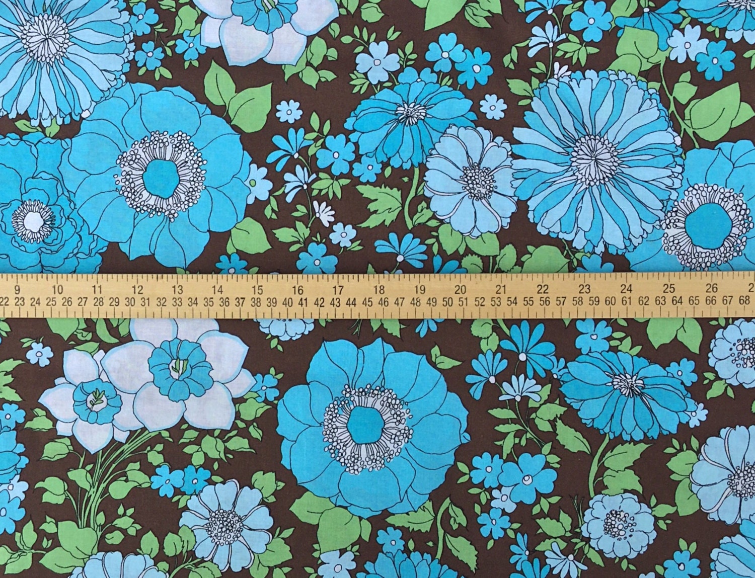 Light and Dark Turquoise Flowers on Brown Fabric by VIP cotton fabric