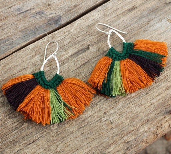 green orange and red hue fluff earrings with sterling silver