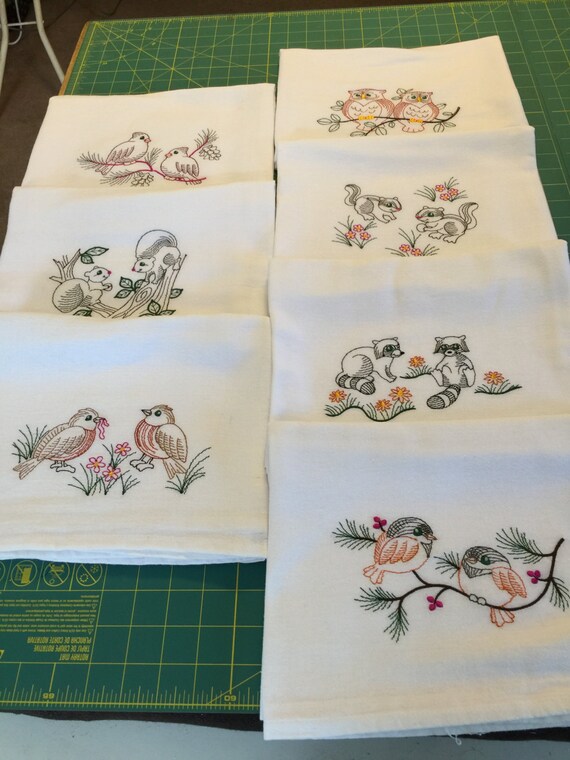 Machine Embroidered Flour Sack Dish Towel Set 7 Towels