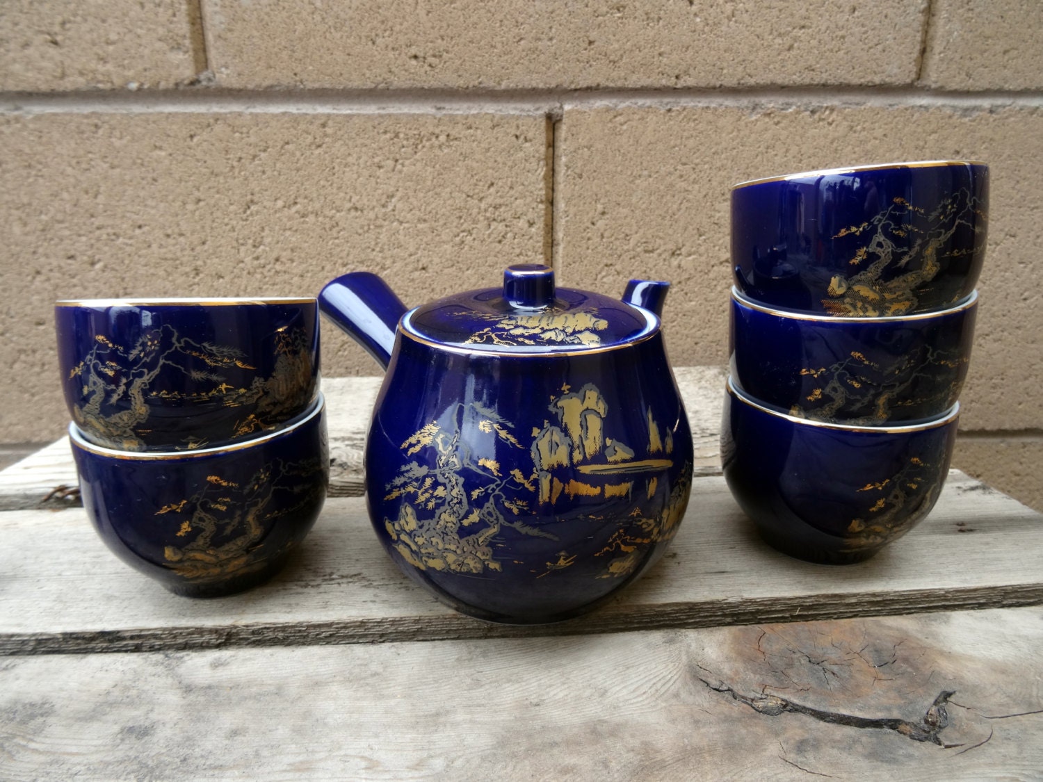 Vintage Japanese Cobalt Blue Teapot 5 Teacups Side Handle