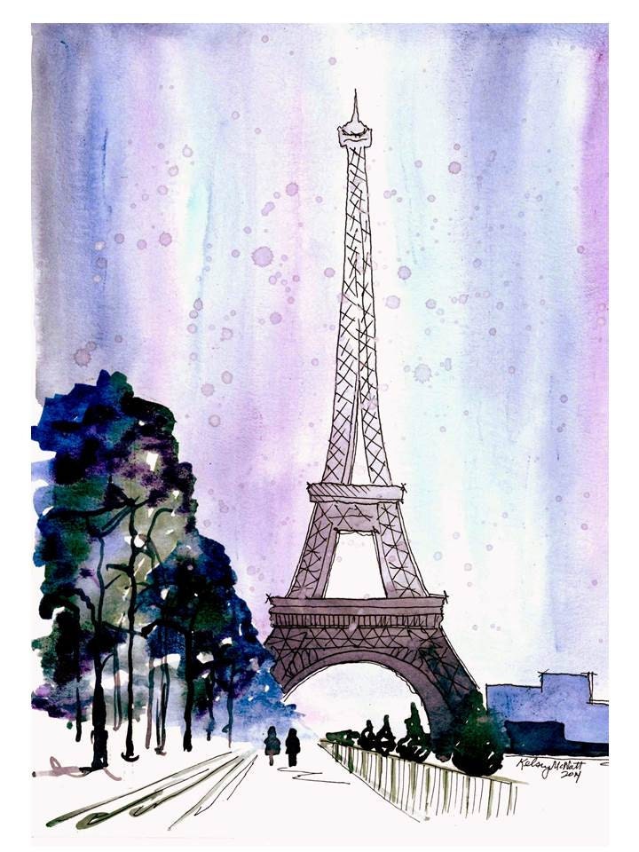 Snow Covered Paris Watercolor Painting Print Eiffel Tower