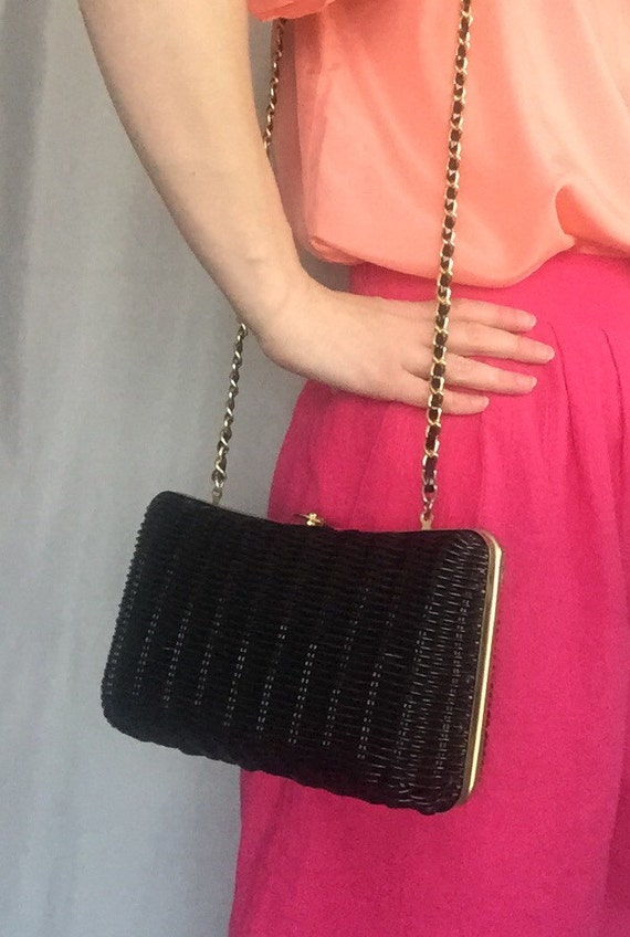 Black Woven Basket Handbag Gold Chain Strap by MidwestVintageShop