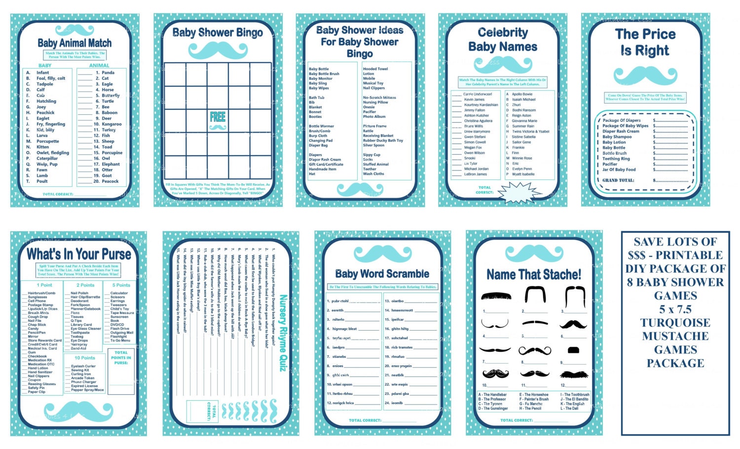 5x7 Printable Mustache Game Pack Little Man by Printables4Less