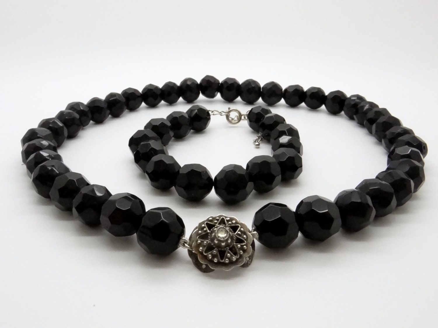 Victorian Black Jet Necklace and Bracelet Set Antique Black