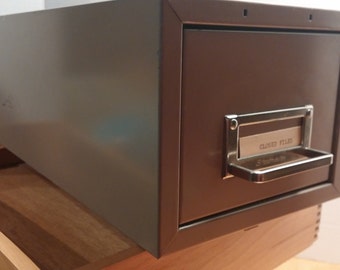 Vintage Metal Index Card File Drawer. Beige with Chrome Handle. Industrial, Office, Mid Century