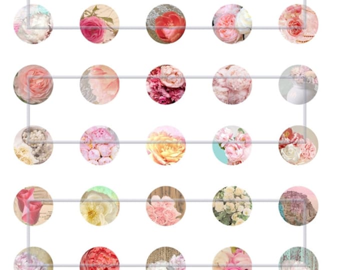New 1" circle flowers "VINTAGE ROMANCE" Digital collage sheet, Printable Digital Download Craft, Bottle Cap, blue, green, white, pink, peach