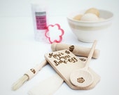 Personalised child's gift wooden cookery set, mini Bake Off, pyrographed by hand with the child's name or a personal message (CK01)