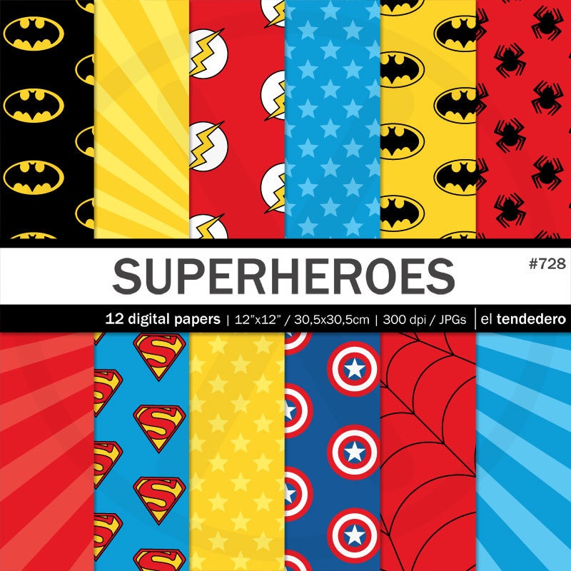 Superhero digital paper pack Superheroes with by eltendedero