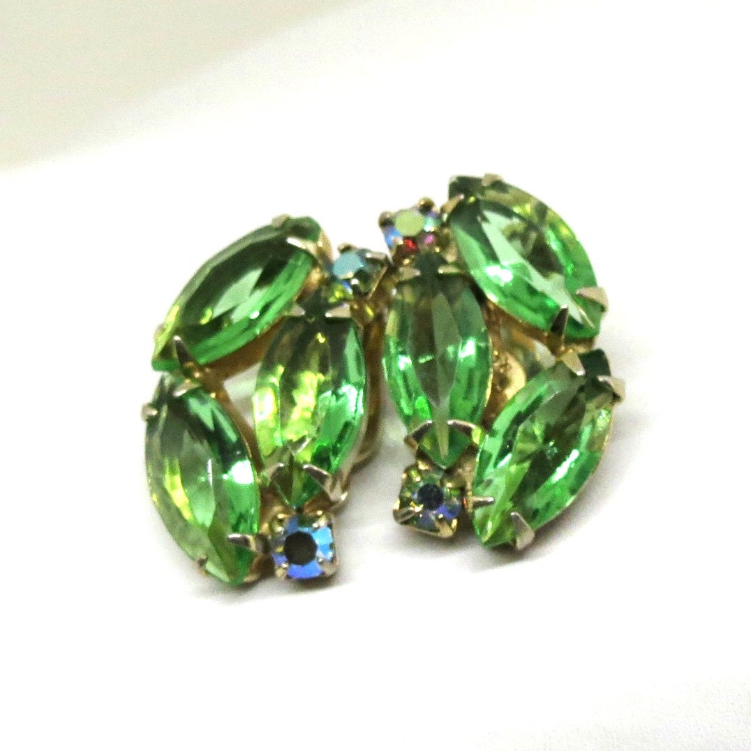 Green and Aurora Borealis Rhinestone Earrings Vintage Gold