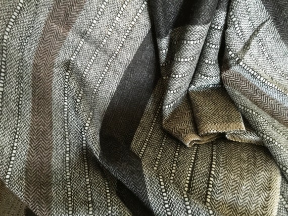 Handwoven. Gray stole shawl wrap scarf with broad black brown striped and gray colored narrow stripes woven with Sheep Merino wool