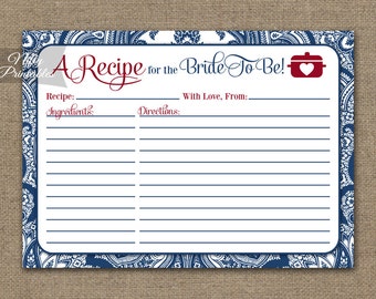 Blue Bridal Shower Recipe Cards - Red White Blue Printable Shower Recipe Cards - Navy Blue Damask Bridal Shower Recipe Card - BDM