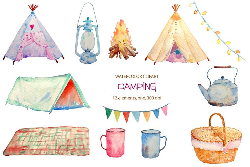 Hand painted watercolor camping clipart teepee tent camp ...