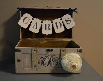 Medium Vintage Wedding Card Holder w/ Banner and Monogram Vintage Trunk Wedding Box with Custom Monogram Medium Trunk Card Box A2A
