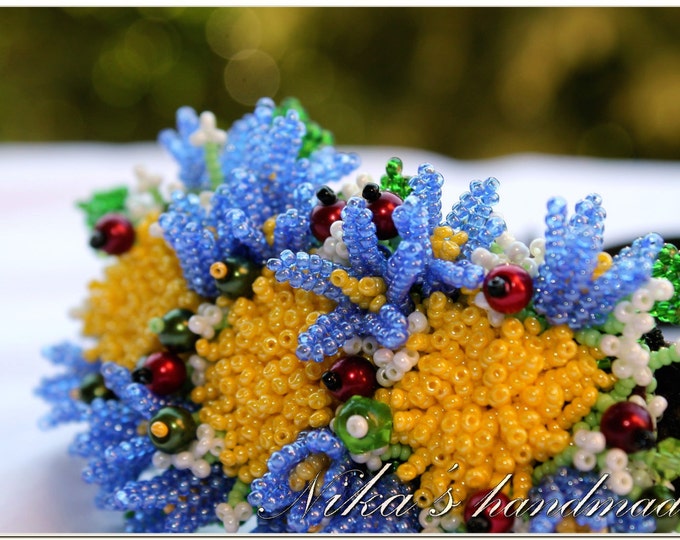 Grecian Flower Headband with Dandelions and field bellflowers Campanulas made of czech beads in Ukrainian ethnic style