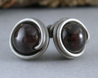 Sterling Silver Garnet Earrings Wire Wrapped Studs Hypoallergenic Titanium Posts Red Earring Dark Red Gemstone Studs Wire Gems