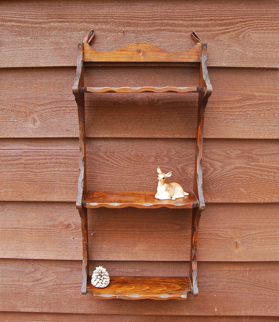 Wooden 3 Tier Wall Shelf Vintage Notched by PineSpringsCottage