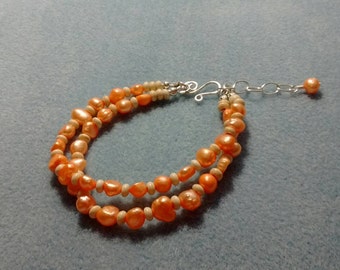 Peach Freshwater Pearl and Sterling Silver Bracelet