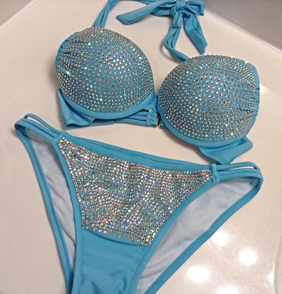 Items similar to Aqua AB rhinestone bling bikini set, bling swimsuit ...