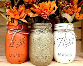 Pick 3! Mason Jar Trio, Autumn, Home Decor, Fall Decor, Thanksgiving, Centerpiece, Fall Wedding, Fall Centerpiece, Halloween Decor, Pumpkin
