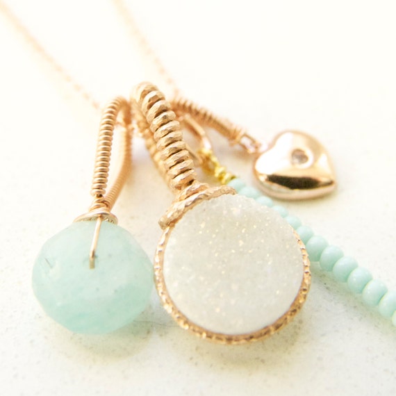 White and mint druzy charm necklace