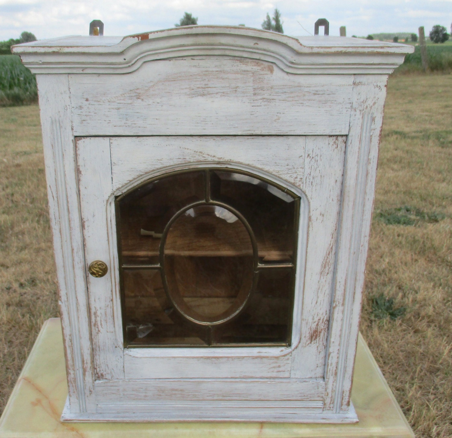 Vintage French Provincial White Wood Medicine Apothecary Leaded