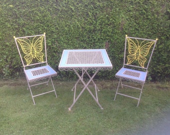 Oh La La !!, Vintage French, Garden Patio Furniture "Salon de Jardin", Circa 1940's, Forged Iron, with Wood Inlay. Papillon (Butterfly).