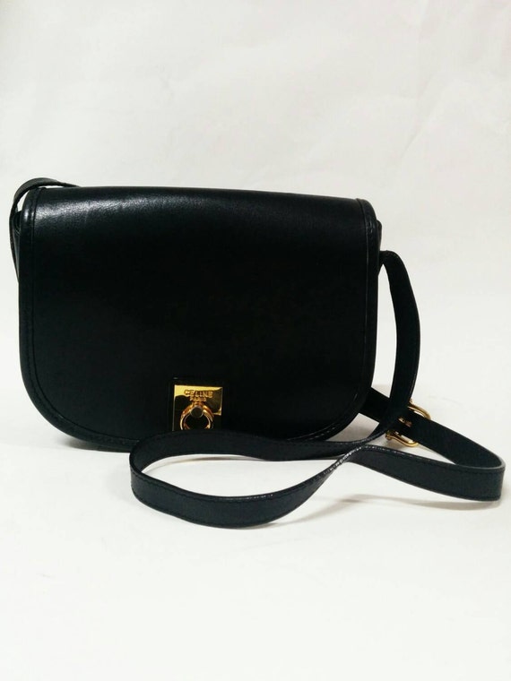 555 Vintage CELINE Black Leather Shoulder Bag by CharmOfVintage  