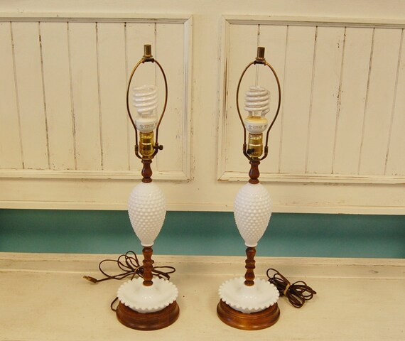 Tall Lamps wood and Pair and lamps Hobnail  Lighting  Milk glass of Dresser  milk Glass Wood