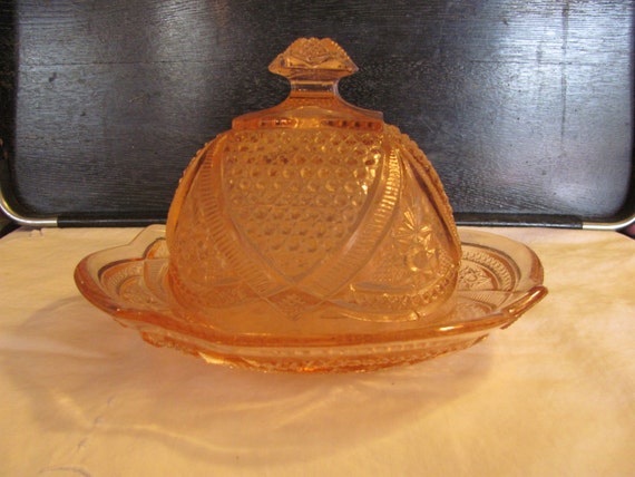 pink depression glass butter dish with lid