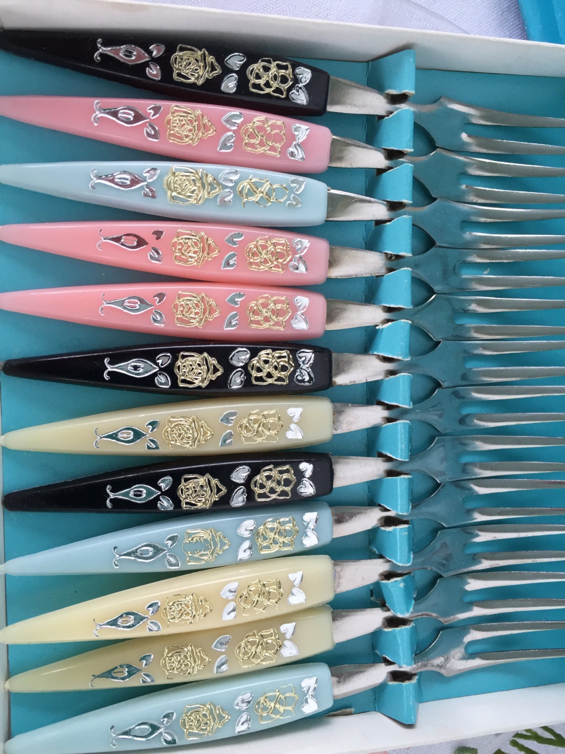 Vintage Appetizer “Little Forks” in Original Box Set of 12 Pastel