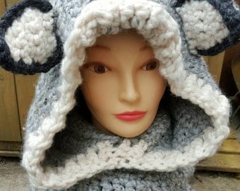 Woodlynn wolf hooded cowl crocheted from a Velvet Acorn pattern in chunky wool