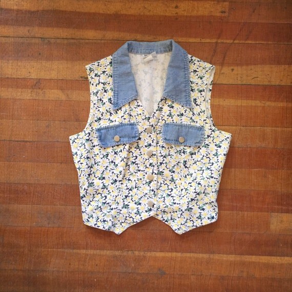 Vintage 90s vest top denim floral summer sleeveless crop