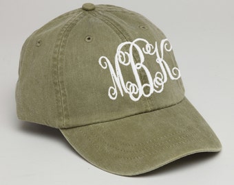 Khaki Monogrammed Baseball Cap for Ladies-Pigment Dyed Hat, Interlocking Script Monogram-Custom Embroidery, Personalized Baseball Hat