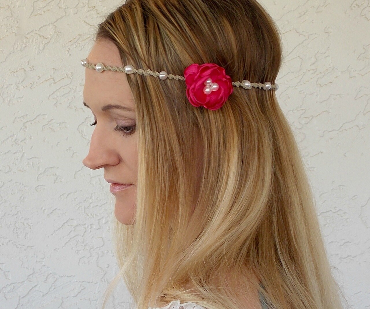 Hippie Headband Flower Hair Accessory Hemp Pearl Band