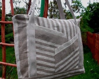 Burlap linen tote bag striped linen teacher shoulder books bag zippered closure linen gift idea