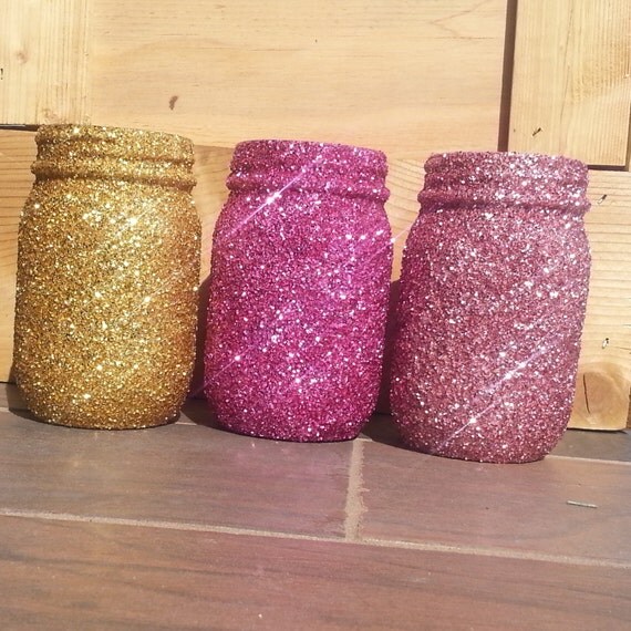 Items similar to Glittered Mason Jars, Pink Glitter, Gold Glitter on Etsy