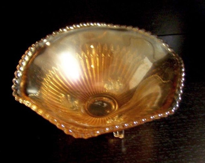 Storewide 25% Off SALE Vintage Marigold Carnival Depression Art Glass Footed Centerpiece Bowl Featuring Beautiful Beaded Edge Boarder Design