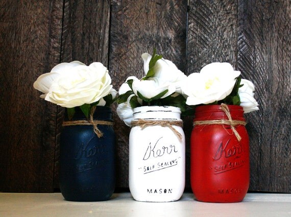 Red White Blue Painted Mason Jar Set. USA. Fourth of July.