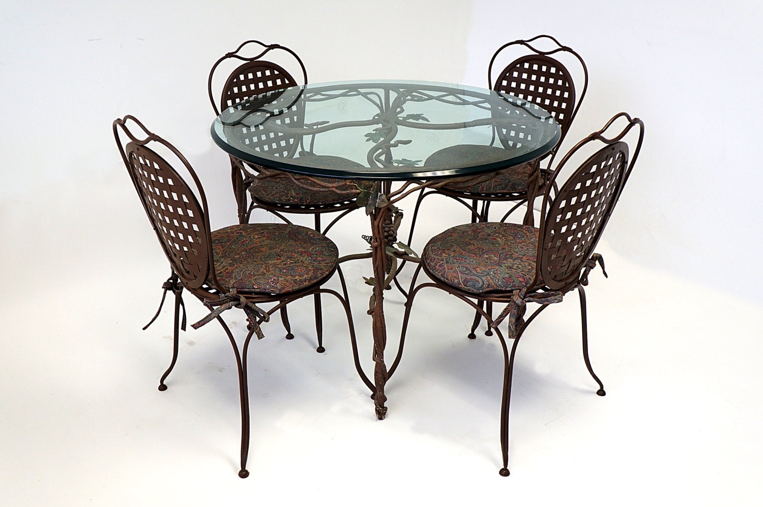 Wrought Iron Glass Top Table Four Chairs Cushioned Painted