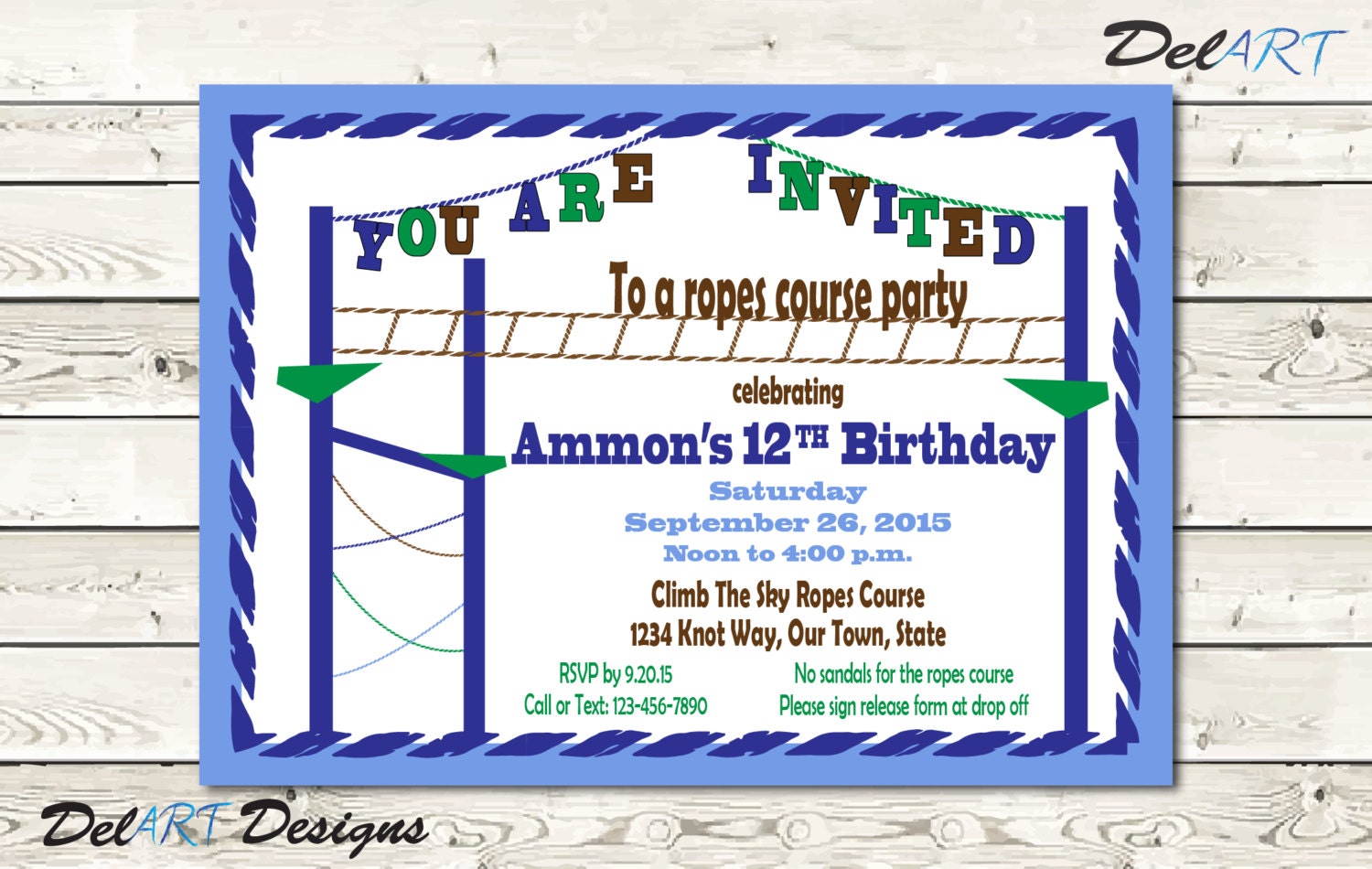 Ropes Course Birthday Party Invitation Invite or by DelARTDesigns