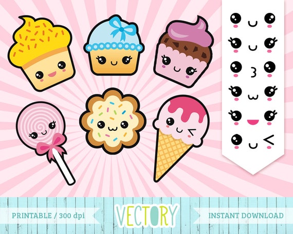 12 Kawaii Sweet Treats Clip Art Kawaii Cupcakes by VectoryClipart