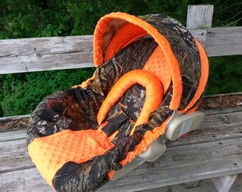 Camo Infant Car Seat Cover, Mossy Oak fabric and Bright Orange Minky