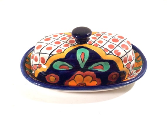 Authentic Handpainted Mexican Butter dish Talavera Multi