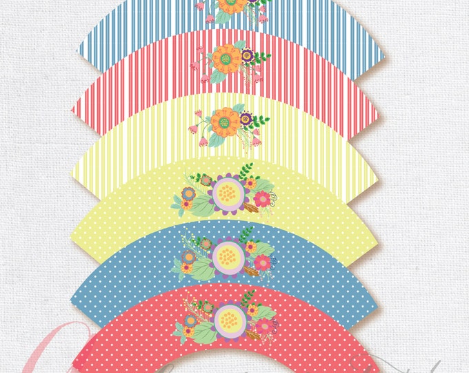 Floral cupcake wrappers. 6 different designs. INSTANT DONWLOAD.