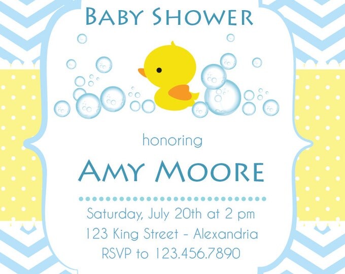 Baby Shower Invitation. Baby boy. Rubber ducky babyshower invite. Chevron style babyshower invitation. Printable